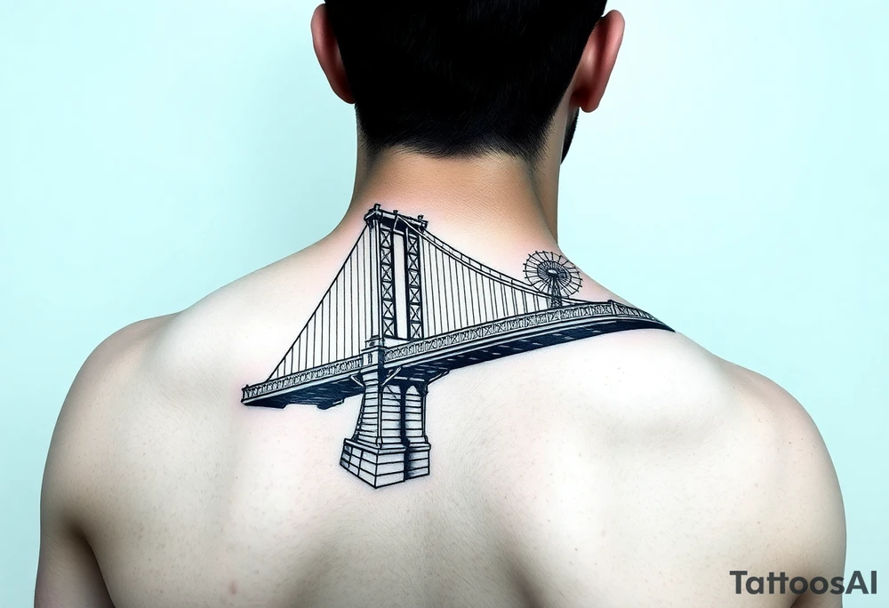 Brooklyn Bridge with full Saint Michael sleeve tattoo idea