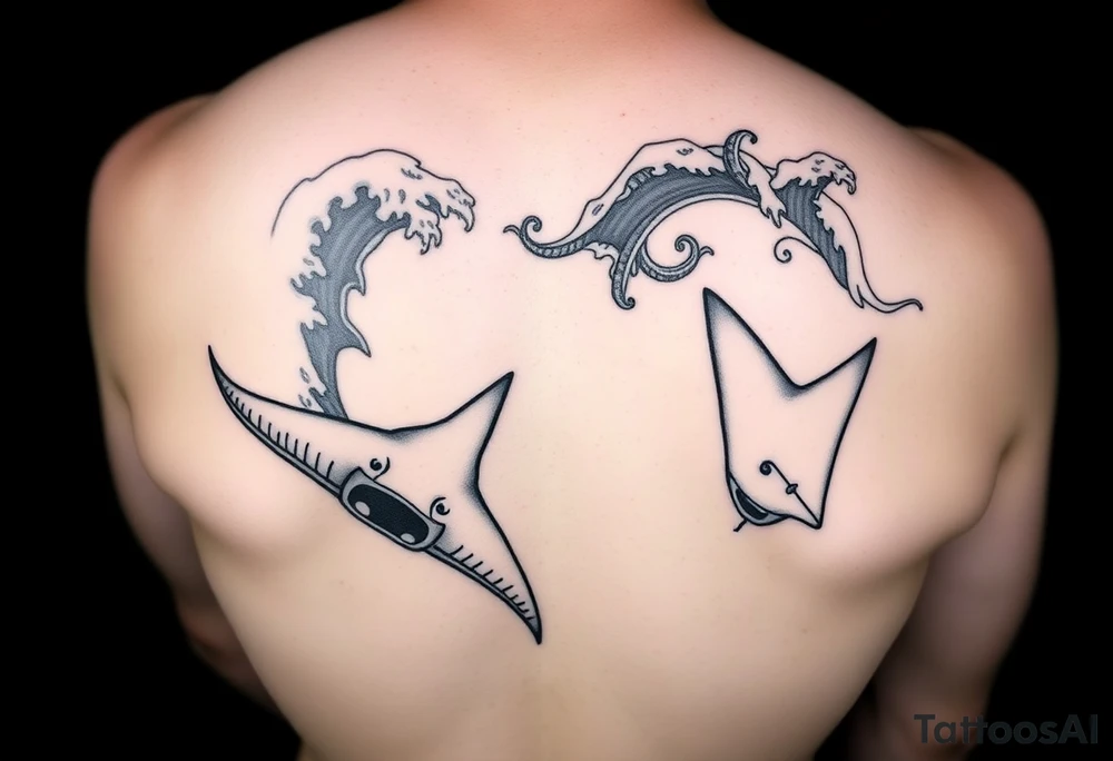 Music inspired kirituhi with wave forms and deep sea manta rays tattoo idea