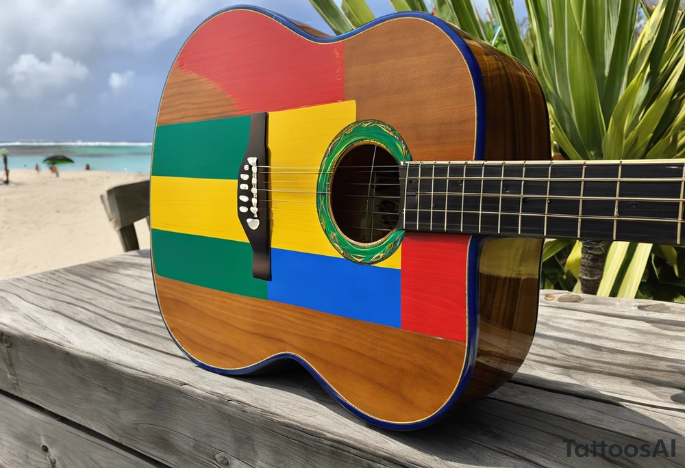 acoustic guitar with cut diagonally with one side with the flag of curacao, the other with some raggae colors. on the outside of the guitar, the side with the curacao flag to adorned with some beach or sea creature theme, like a sea turtle. The side with the raggae to have some music notes flowing out tattoo idea