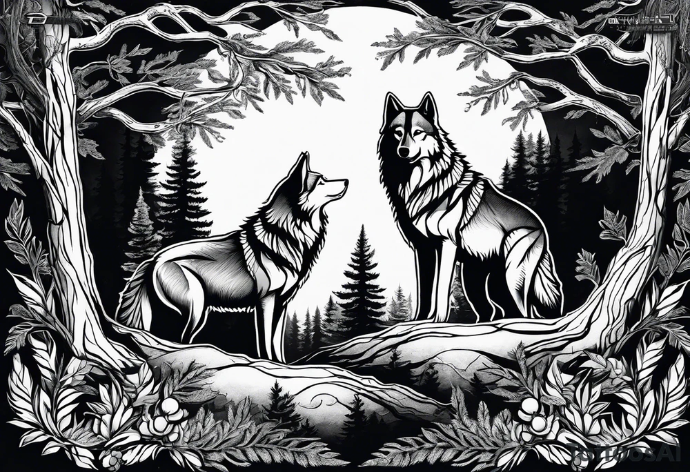 Mountain peaks
Two wolves sitting at end of trail
Moon
Dark woods tattoo idea
