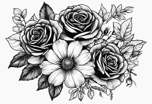 wrap around with roses, larkspur, carnation, and daisy tattoo idea
