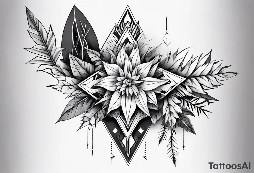 full arm tattoo. pointy leaves combined with geometric shapes. whole arm tattoo idea
