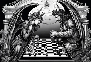 Depict an angel and devil engaged in a chess game, with the chessboard reflecting the cosmic battleground between good and evil, symbolizing the strategic nature of the eternal conflict. tattoo idea