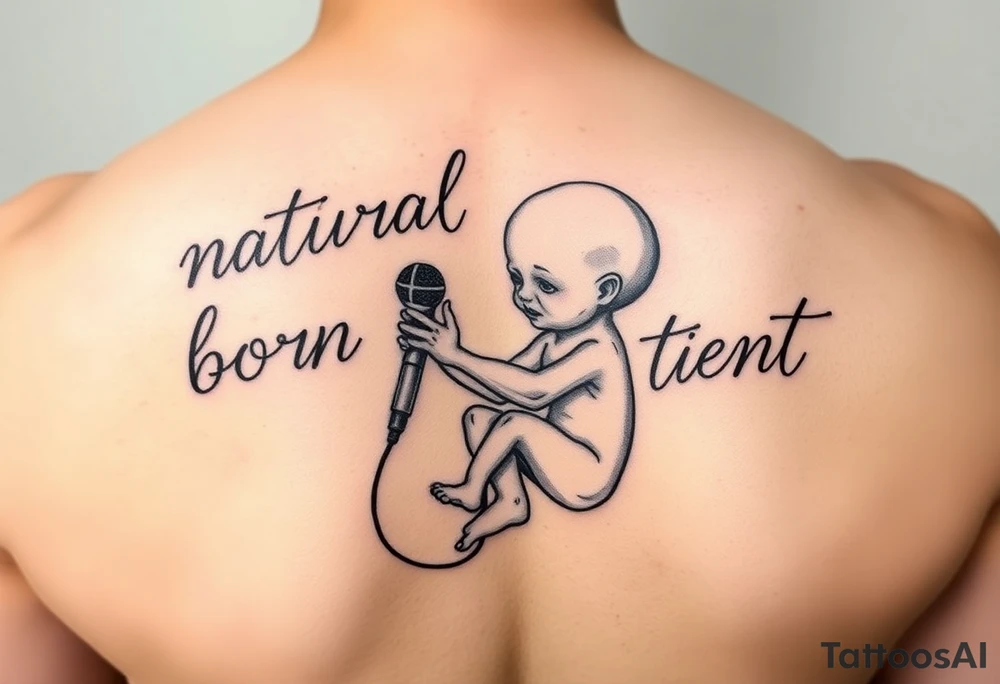 natural born talent written with an fetus holding a microphone tattoo idea