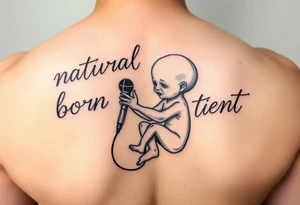 natural born talent written with an fetus holding a microphone tattoo idea