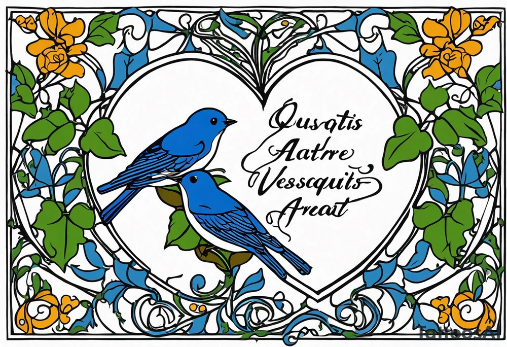 "Quisquis amat valeat, pereat quid nescit amare, bis tanto pereat quisquis amare vetat" intertwined with ivy leaves, hearts and bluebirds tattoo idea