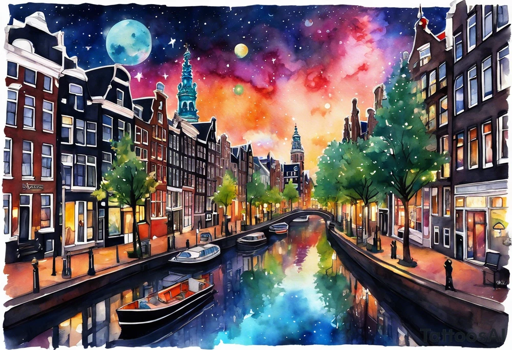 Arm tattoo, Animals in space suits, birds, stag, fox, watercolour of animals made from glass in Amsterdam featuring Amsterdam buildings and Amsterdam canal in galaxy colours featuring pineapples as space colours, galaxy colours, night sky, pineapples tattoo idea