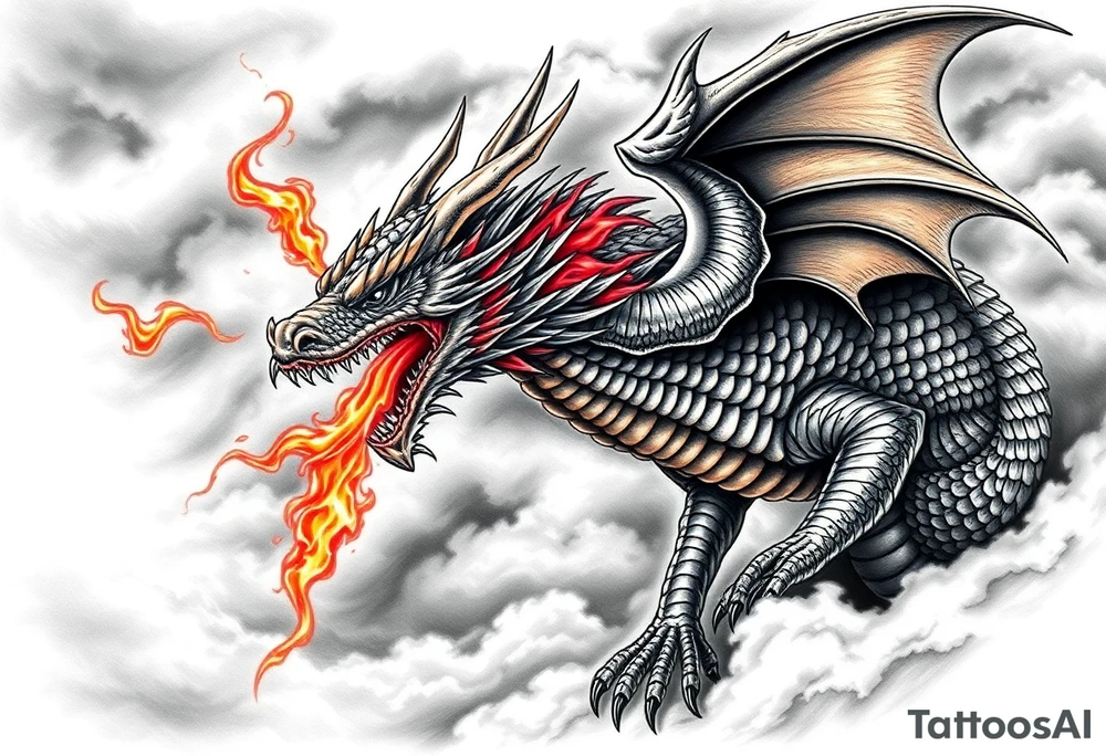 fierce dragon breathing iridescent fire against stormy skies tattoo idea