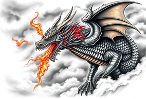 fierce dragon breathing iridescent fire against stormy skies tattoo idea