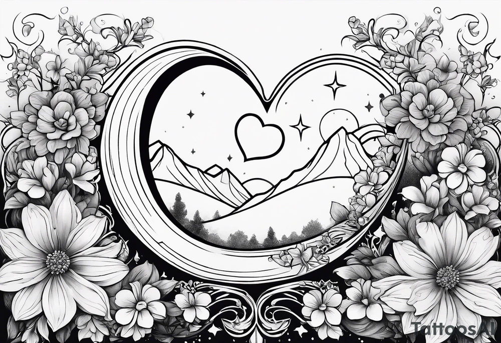 Crescent moon with a heart inside, shrouded by beautiful flowers with wisps of mist tattoo idea