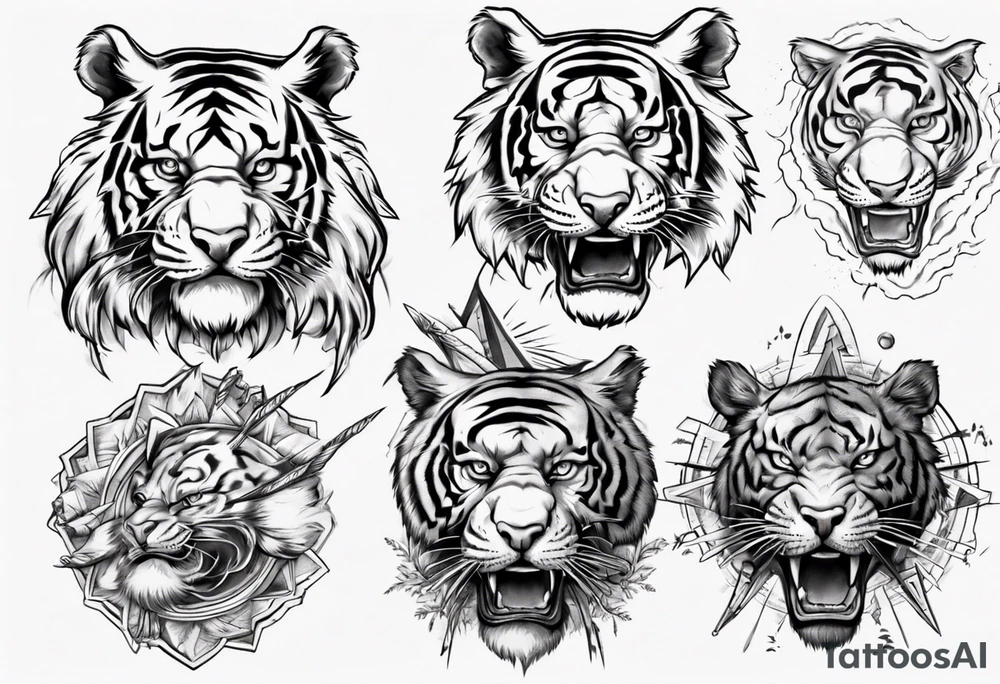 Ancient tiger with lightning and a sun for a forearm sleeve tattoo idea