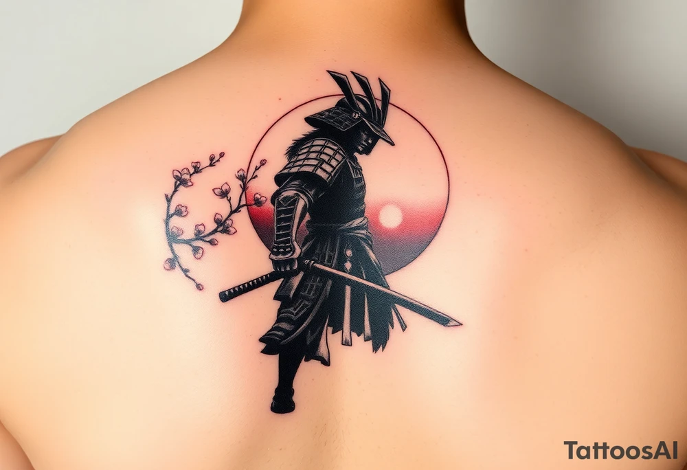 noble samurai warrior silhouette at sunset with cherry blossoms tattoo idea