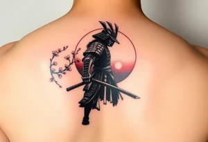 noble samurai warrior silhouette at sunset with cherry blossoms tattoo idea