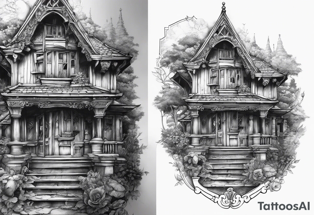 fool sleeve, abandoned old gotic house, broken sword tattoo idea