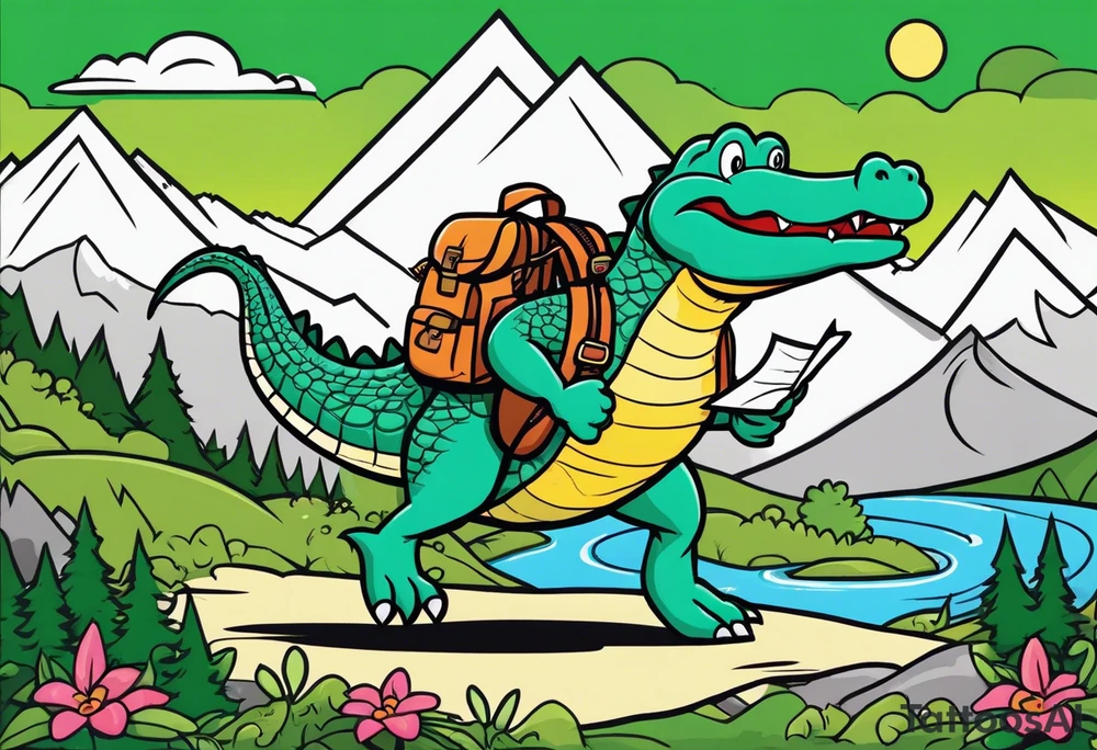 Cartoon alligator with a map and backpack lost in the mountains tattoo idea