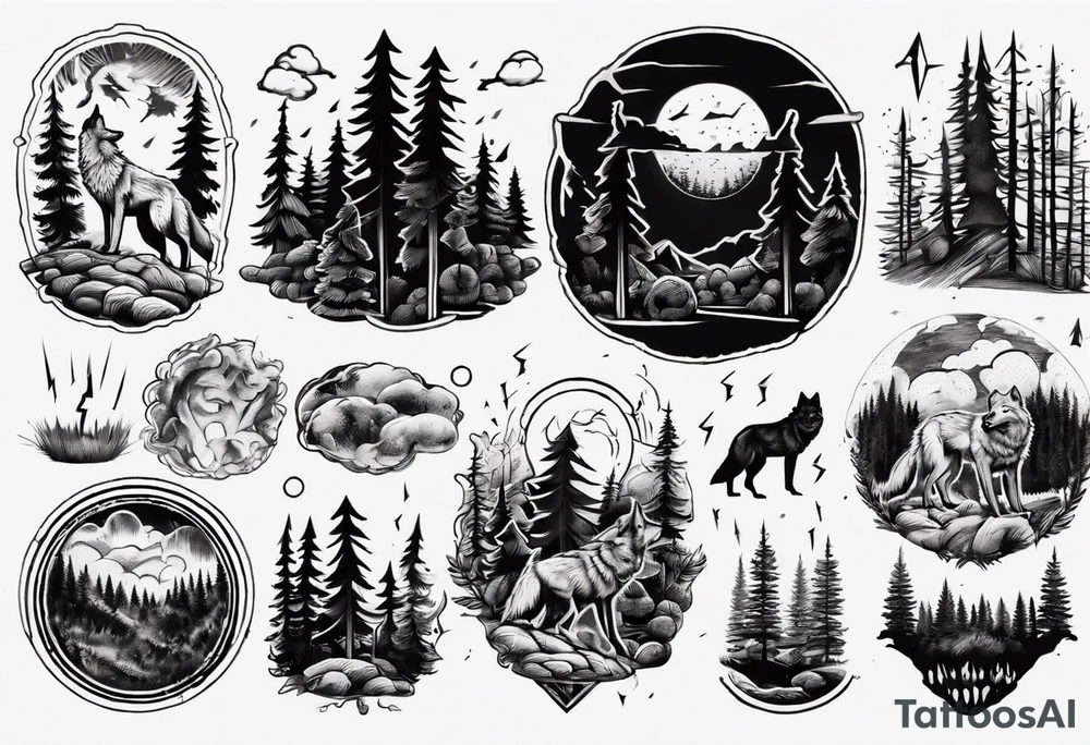 a thunder and lightning storm over a forest with a distant wolf howling and a drums tattoo idea a thunder and lightning storm over a forest with a distant wolf howling and a drums tattoo idea