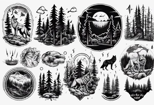 a thunder and lightning storm over a forest with a distant wolf howling and a drums tattoo idea