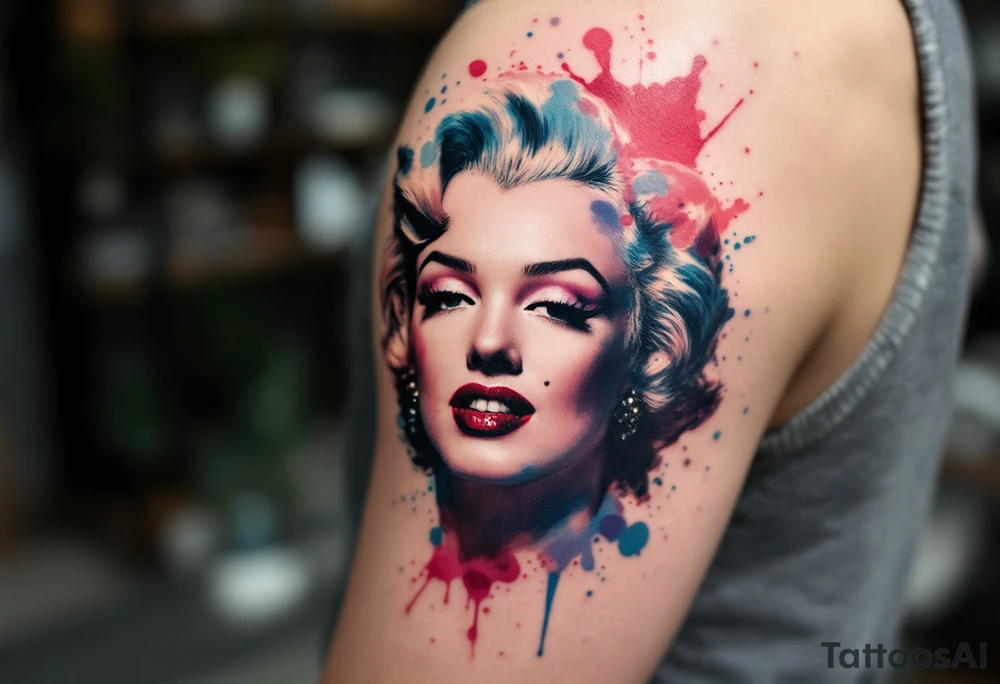 Watercolor Marilyn Monroe tattoo with splashes of red, pink, and blue around a classic black-lined face. tattoo idea