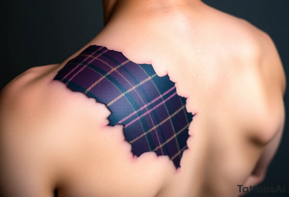 Dark Purple tartan fabric on shoulder with skin ripping back to reveal tartan underneath tattoo idea