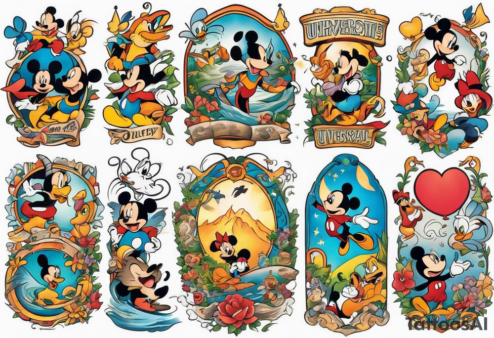Upper arm half sleeve tattoo featuring Disney and Universal characters tattoo idea