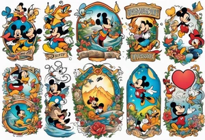 Upper arm half sleeve tattoo featuring Disney and Universal characters tattoo idea