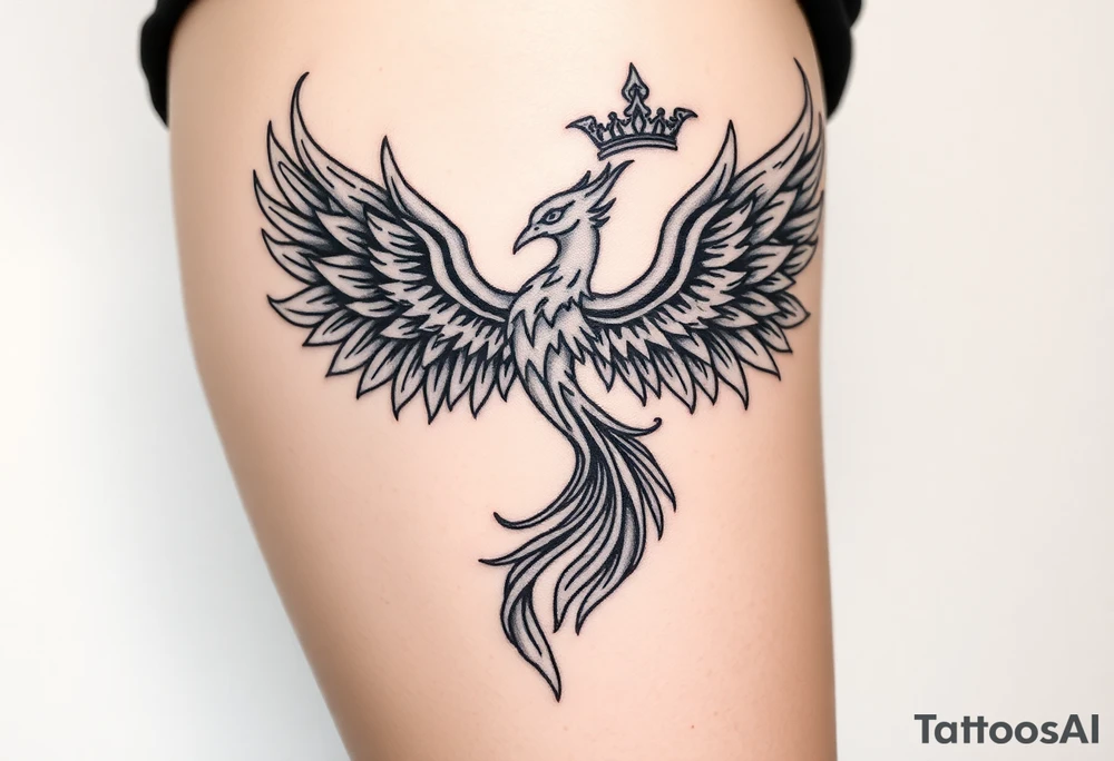 majestic fiery phoenix flapping wings with trailing flames and a crown of fire tattoo idea