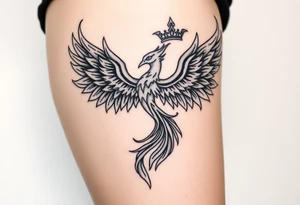 majestic fiery phoenix flapping wings with trailing flames and a crown of fire tattoo idea