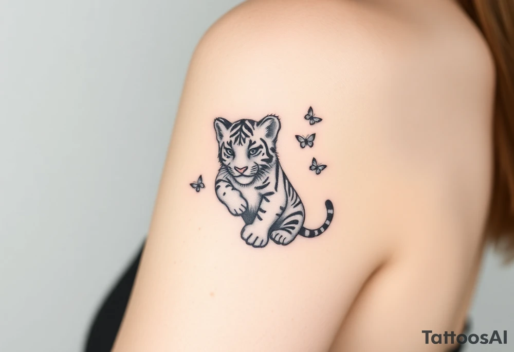 Tiger cub playing with butterflies tattoo idea
