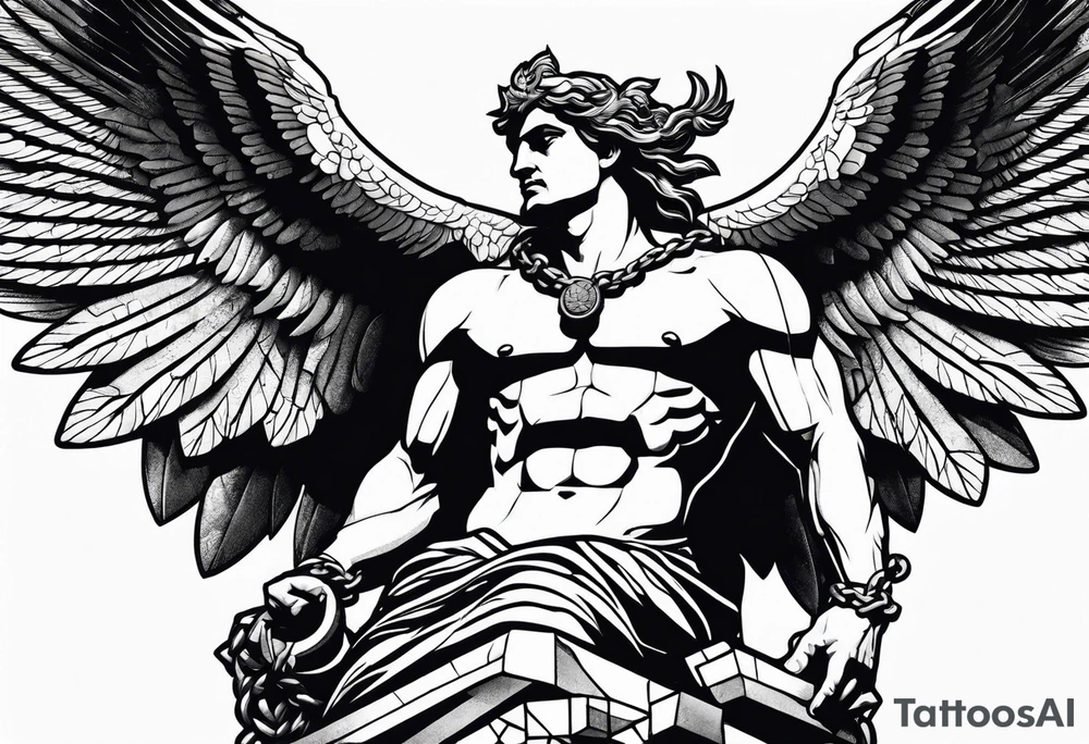 A greek god, chained to a Rock, Eagle flying over His head tattoo idea