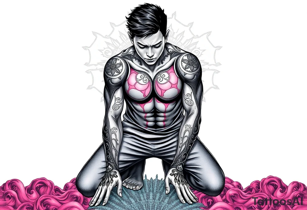 Handsome Asian young guy is standing on his knees and looking down tattoo idea
