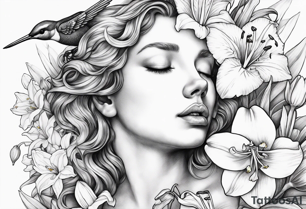 crying angel with head tilted down surrounded by lily, daffodil, rose, daisy, narcissus with a hummingbird tattoo idea