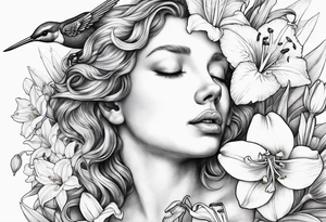 crying angel with head tilted down surrounded by lily, daffodil, rose, daisy, narcissus with a hummingbird tattoo idea