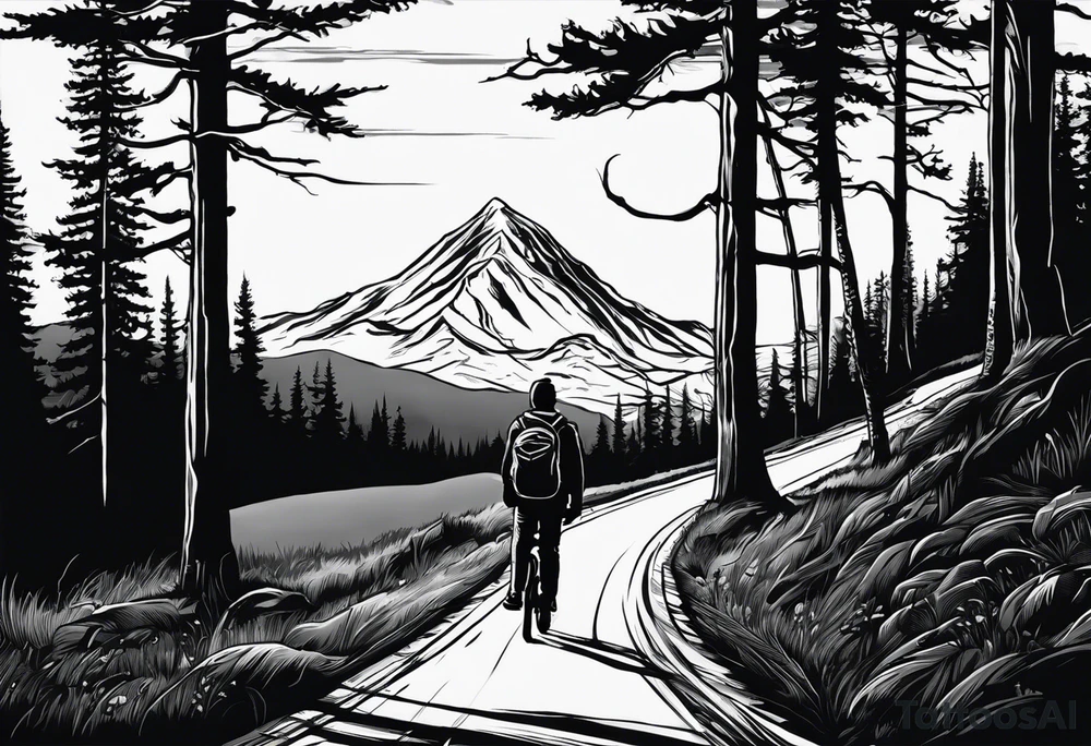 A man with a backpack walking down a road lined with trees, holding a bicycle towards a mountain. I want the design to be portrait and sort of a vanishing road towards the mountain. The mountain is Black Tusk in British Colombia tattoo idea