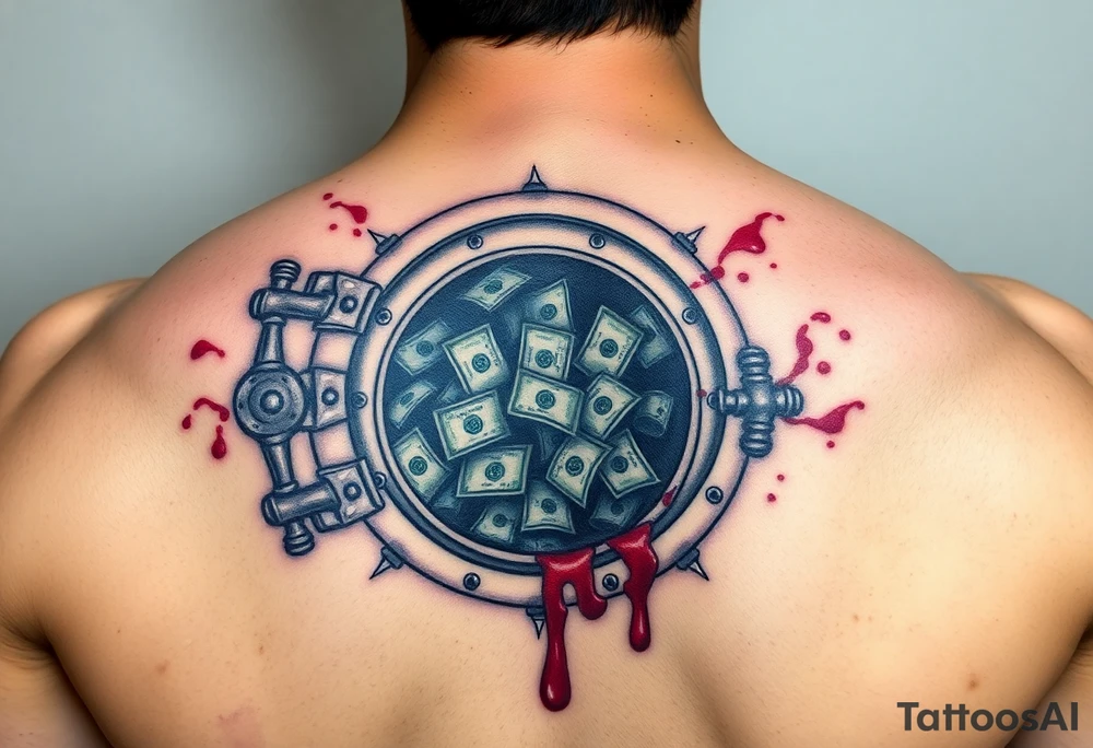 Open vault full of money with splatters of blood tattoo idea