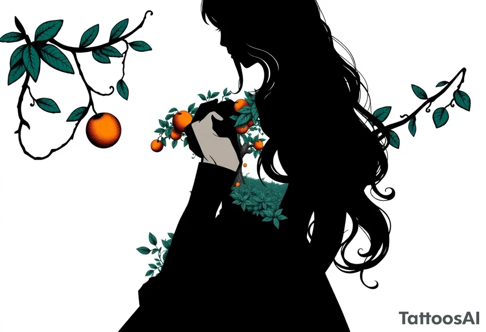Alice in wonderland silhouette. Perspective from the back. She is entering a garden and seeing an orange tree. tattoo idea