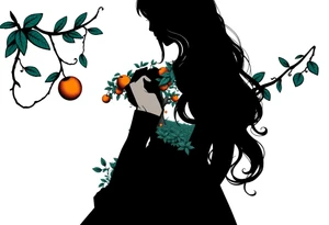Alice in wonderland silhouette. Perspective from the back. She is entering a garden and seeing an orange tree. tattoo idea