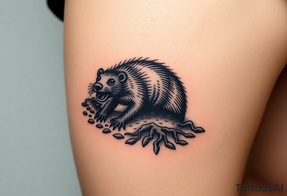 A highly detailed black mole emerging from the earth, with rich brown soil textures and tiny roots, symbolizing perseverance and hidden strength tattoo idea