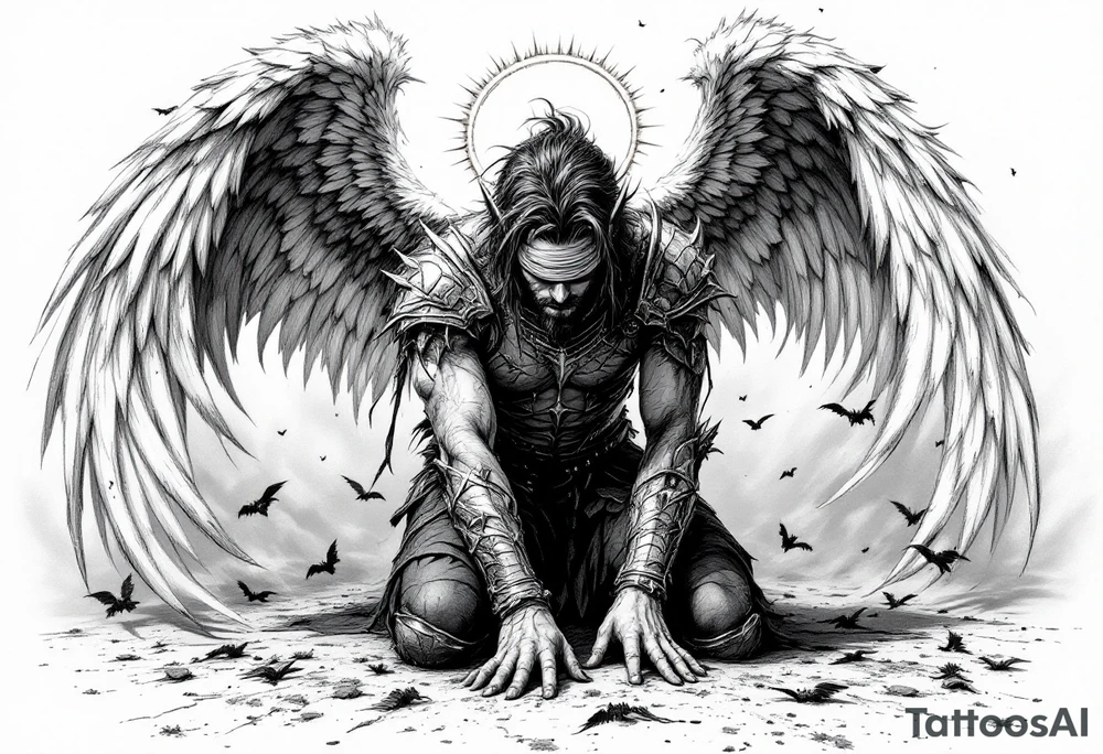 Lucifer Morningstar fallen angels on knees down head looking nonsense dropped hands on ground, 
Blindfold,
While his gratful wings scattered in the sky,
With hand armour and shining halo tattoo idea