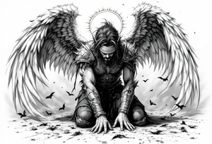 Lucifer Morningstar fallen angels on knees down head looking nonsense dropped hands on ground, 
Blindfold,
While his gratful wings scattered in the sky,
With hand armour and shining halo tattoo idea