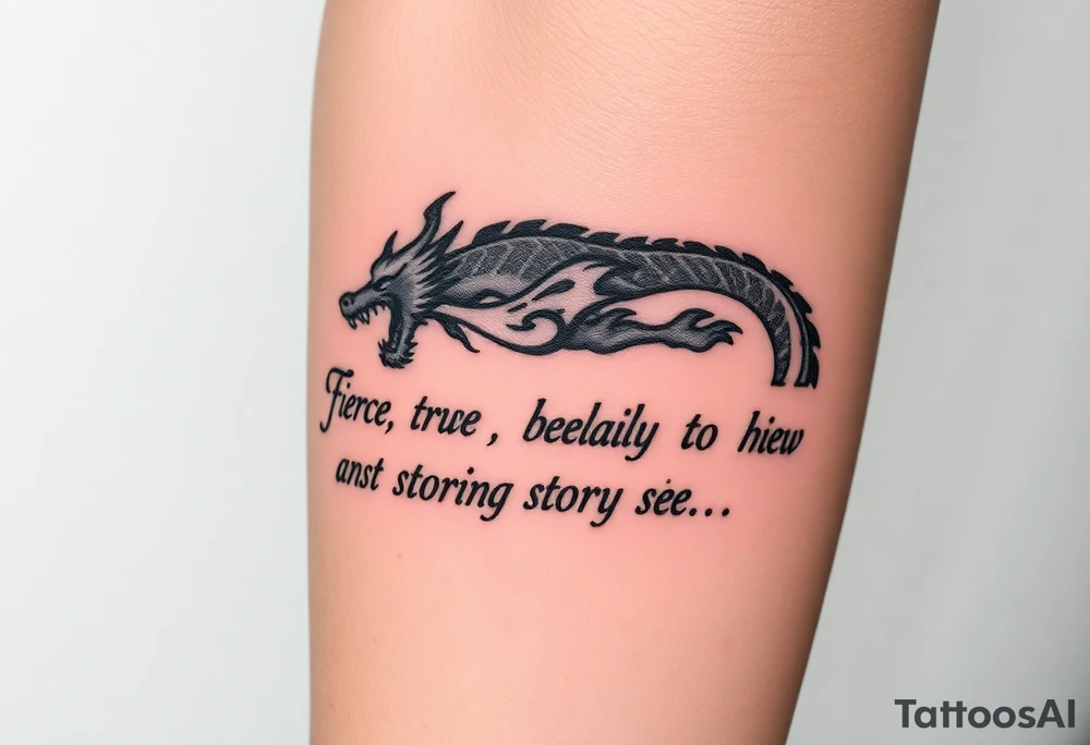 fierce dragon breathing iridescent fire against stormy skies tattoo idea