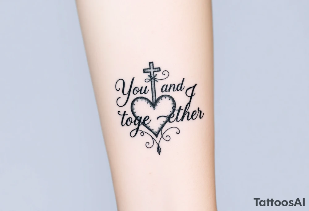 "You and I together" with a cross and a heart integrated into the design tattoo idea
