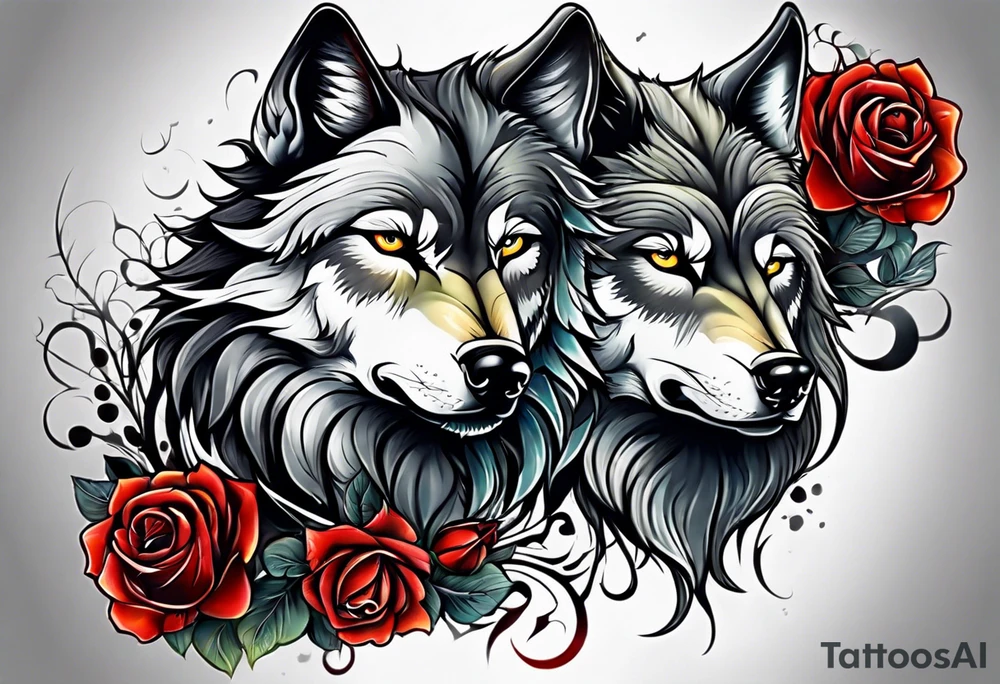 Wolf combined with roses and skulls tattoo idea