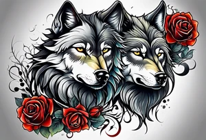 Wolf combined with roses and skulls tattoo idea