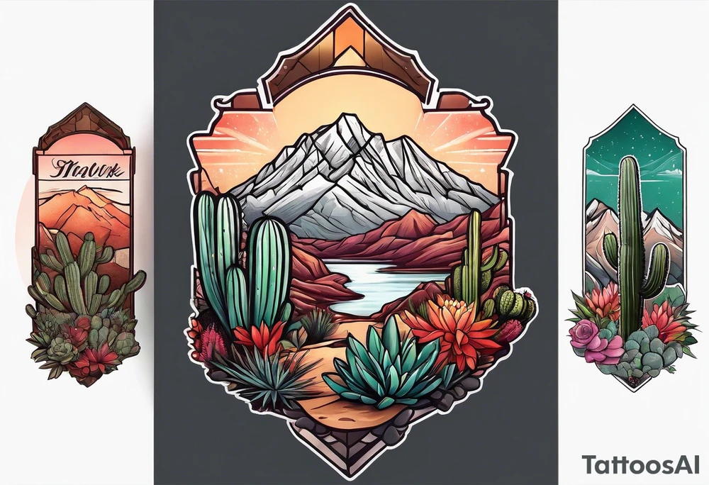 Forearm with mountain, cactus, and hikers tattoo idea