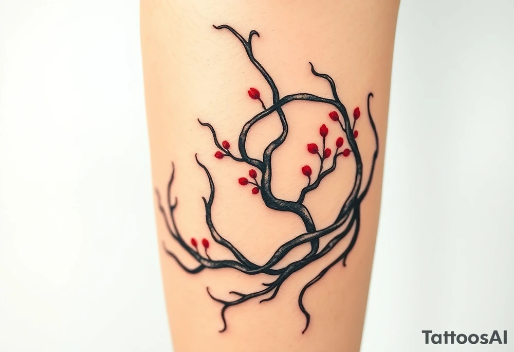 Elegant tattoo design featuring Asparagopsis taxiformis seaweed, graceful flowing tendrils, watercolor style with red accents, wrapping around calf, organic movement, marine botanical art” tattoo idea