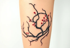 Elegant tattoo design featuring Asparagopsis taxiformis seaweed, graceful flowing tendrils, watercolor style with red accents, wrapping around calf, organic movement, marine botanical art” tattoo idea