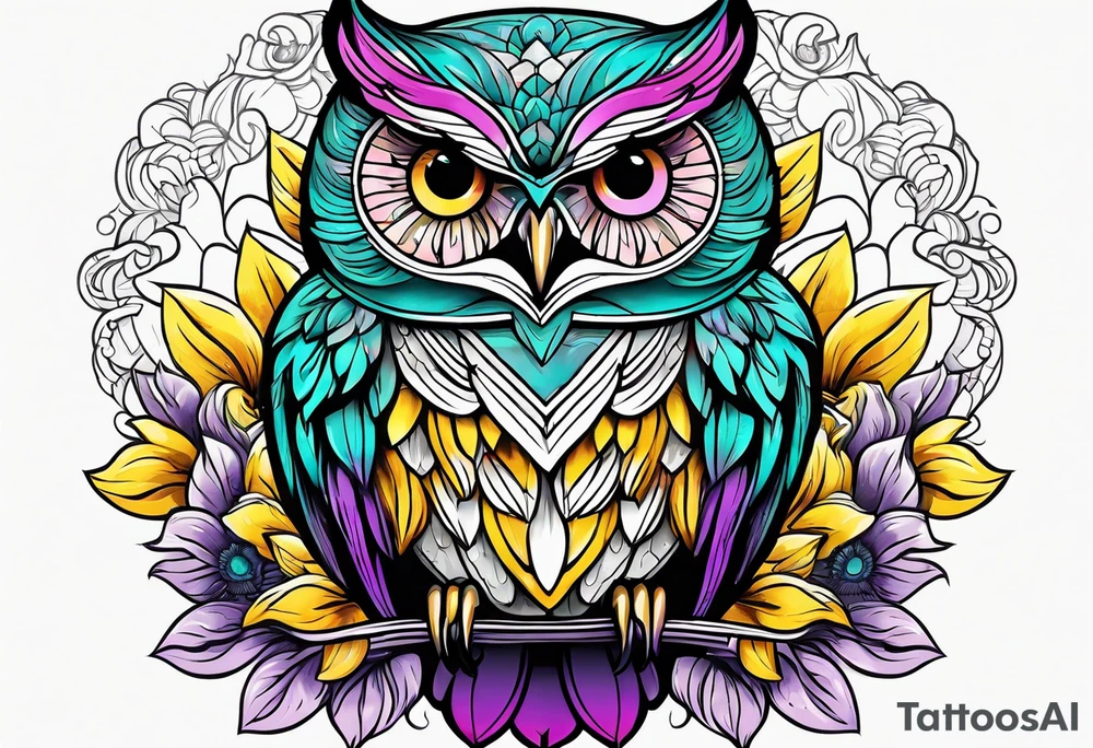Black and white owl shaded teal, pink and purple surrounded by yellow sunflowers sleeve tattoo idea