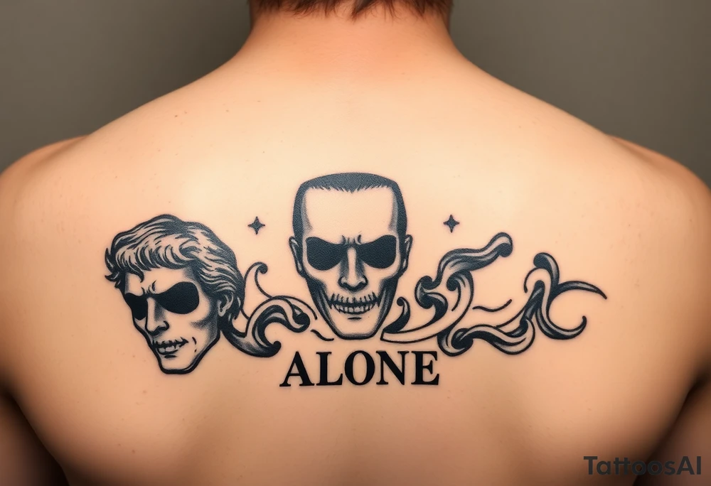 Faces blacked out with the words ALONE, and smoke tattoo idea