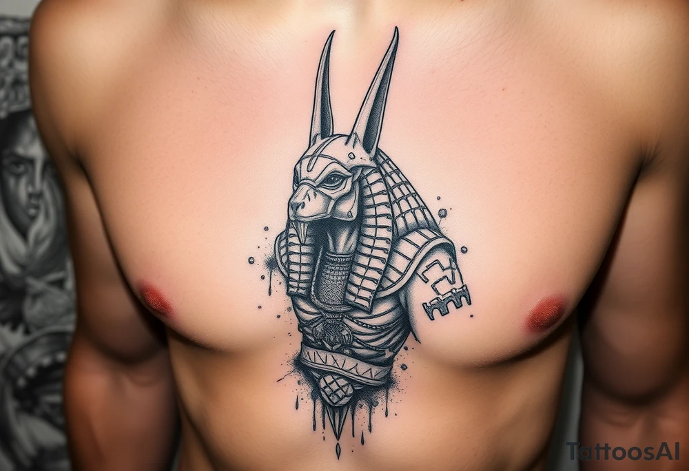 Anubis con armadura rota
Dios chacal Anubis mirando al frente, con armadura egipcia fragmentada y partes del cuerpo convertidas en arena.

Fondo con pirámides en ruinas o el río Nilo seco. tattoo idea