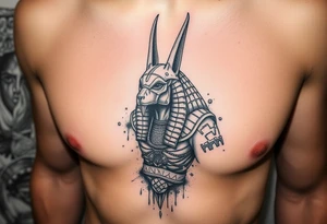 Anubis con armadura rota
Dios chacal Anubis mirando al frente, con armadura egipcia fragmentada y partes del cuerpo convertidas en arena.

Fondo con pirámides en ruinas o el río Nilo seco. tattoo idea